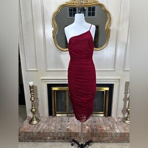 Gianni Bini Red Ruched Mesh One Shoulder Bodycon Dress XL‎ Asymmetrical Cocktail